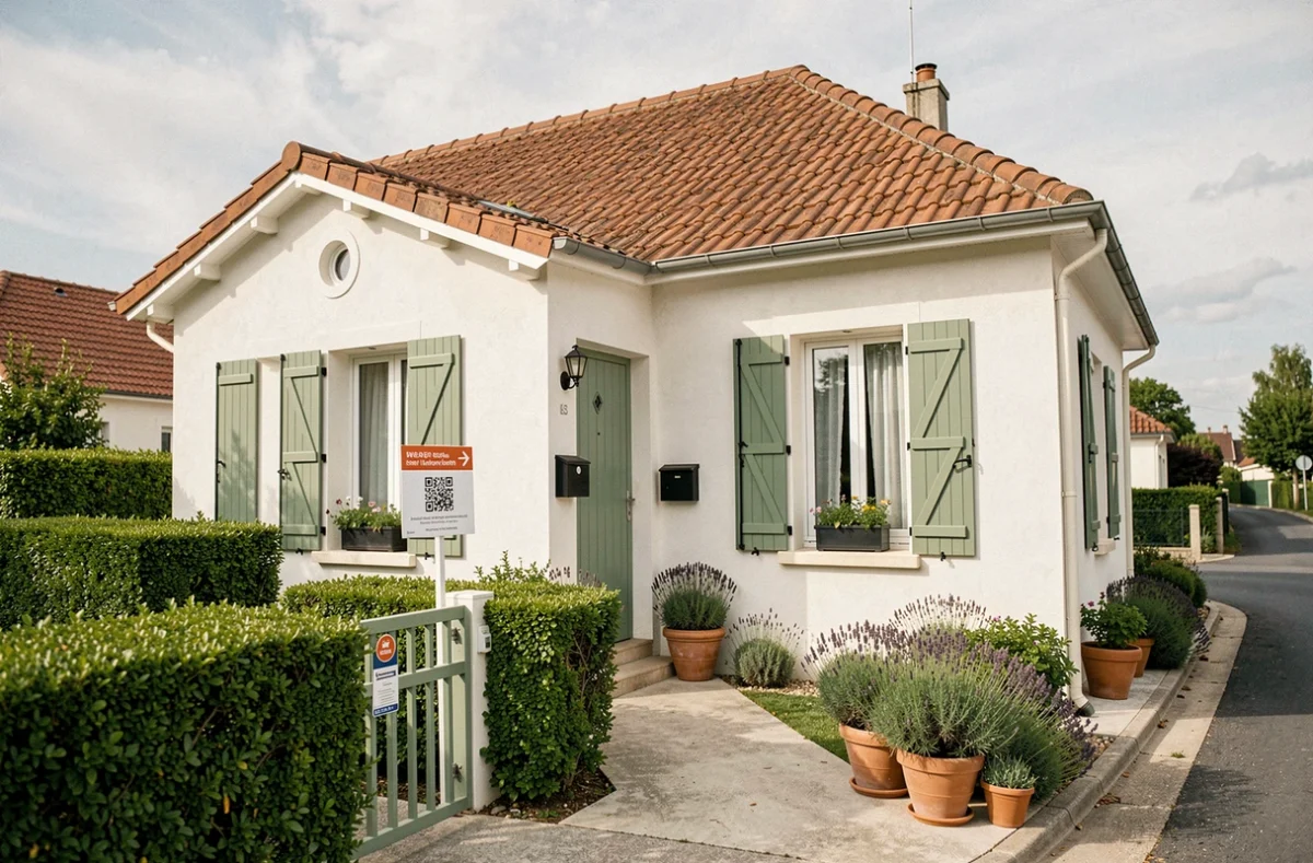 Façade de maison individuelle française avec panneau d'estimation immobilière gratuite pour résidence principale ou investissement locatif