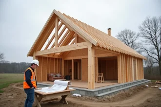 Maison en ossature bois en cours de construction avec charpente apparente en milieu rural