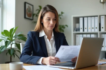 Mandataire immobilière SAFTI analysant les transactions sur la plateforme omegasafti depuis son bureau à domicile