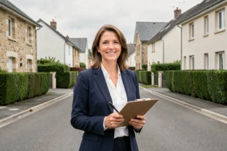 Agente immobilière professionnelle devant une rue résidentielle typique de l'Essonne, illustrant le guide des meilleures agences immobilières du département