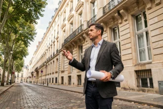 Architecte professionnel devant un immeuble bordelais emblématique en pierre calcaire, tenant des plans, dans un contexte urbain girondins