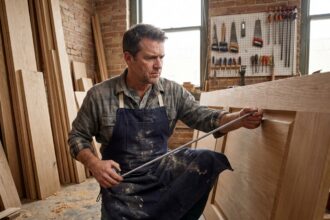 Menuisier professionnel mesurant un cadre en bois dans son atelier à Dunkerque