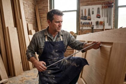 Menuisier professionnel mesurant un cadre en bois dans son atelier à Dunkerque