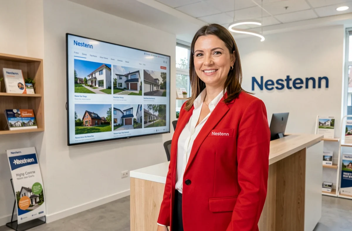 Agente Nestenn Essonne dans les bureaux modernes de l'agence immobilière avec écran numérique et signalétique de la marque