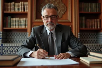 Notaire marocain examinant un contrat d'achat immobilier dans un bureau orné de zellige à Marrakech