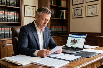 Notaire examinant une estimation immobilière en ligne sur le site info-de-prestige-immobilier.fr dans son étude notariale