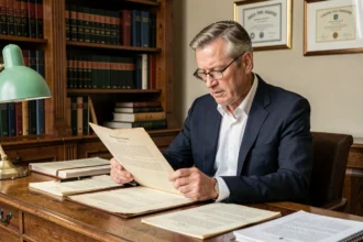 Notaire en costume marine examinant un acte de donation immobilière dans son étude avec des documents officiels sur un bureau en chêne