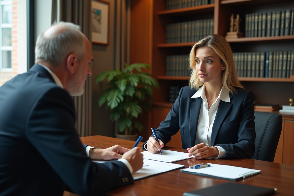Notaire et cliente examinant un contrat de pret dans un bureau
