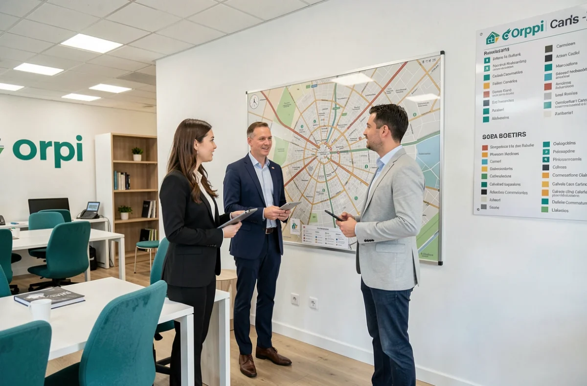 Agents immobiliers en réunion dans les locaux modernes d'Orpi Caen