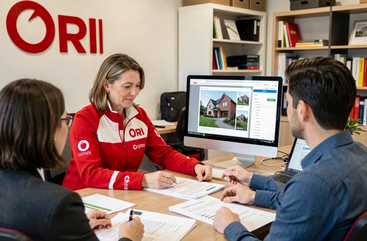 Agente immobilière Orpi Essonne en consultation avec des clients dans les bureaux de l'agence