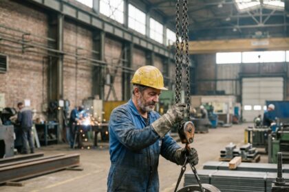 Ouvrier en combinaison bleue dans une usine industrielle