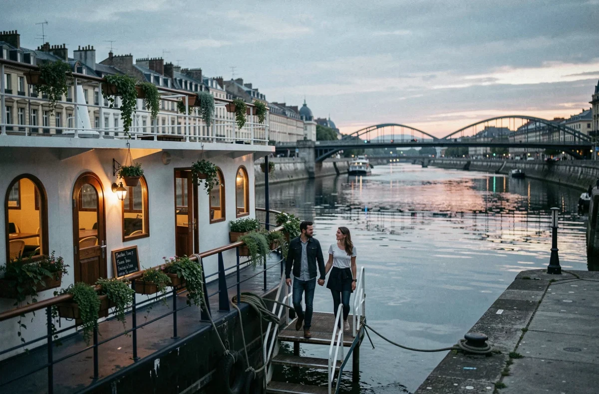 Vue extérieure crépusculaire d'une péniche amarrée sur les quais de Lyon entre le Rhône et la Saône