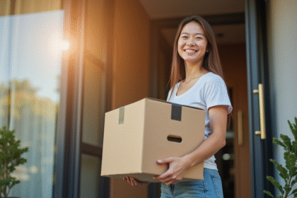 Personne tenant une box en face d un immeuble moderne