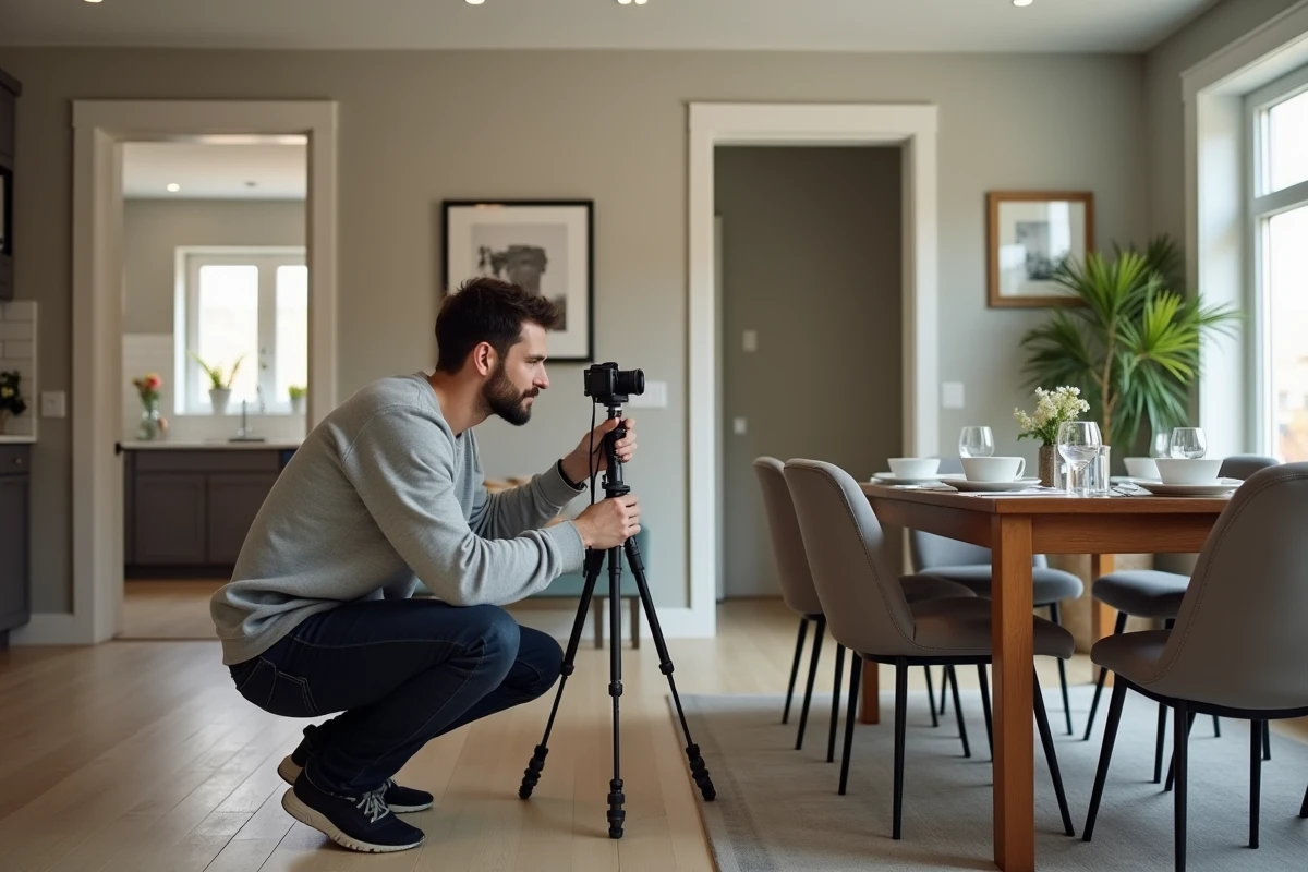 Photographe immobilier utilisant une caméra 360 sur trépied pour créer une visite virtuelle de maison à vendre avec Lamaison360