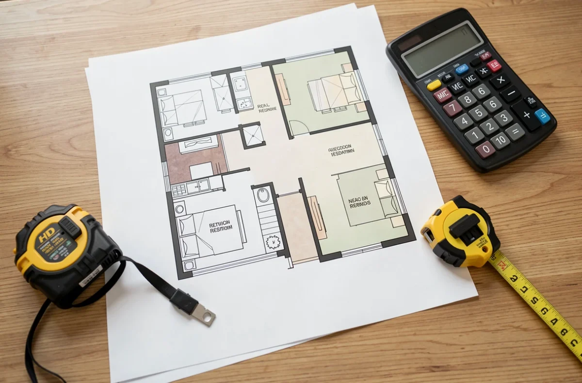 Plan de logement posé avec une calculatrice et un mètre