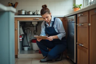 Plombière femme en overalls dans une cuisine moderne