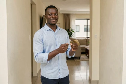 Homme tenant les clés de son premier appartement à louer à Dakar devant la porte d'entrée