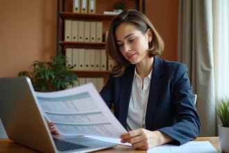Propriétaire bailleur analysant un contrat de location meublée à son bureau avec ordinateur et documents