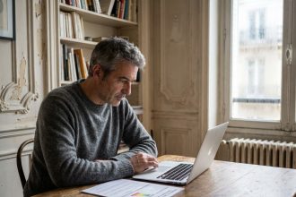 Propriétaire francilien consultant son diagnostic de performance énergétique dans un appartement haussmannien avec fenêtre à simple vitrage