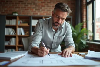 Propriétaire examinant des documents administratifs liés à la déclaration d'achèvement des travaux sur un bureau en bois