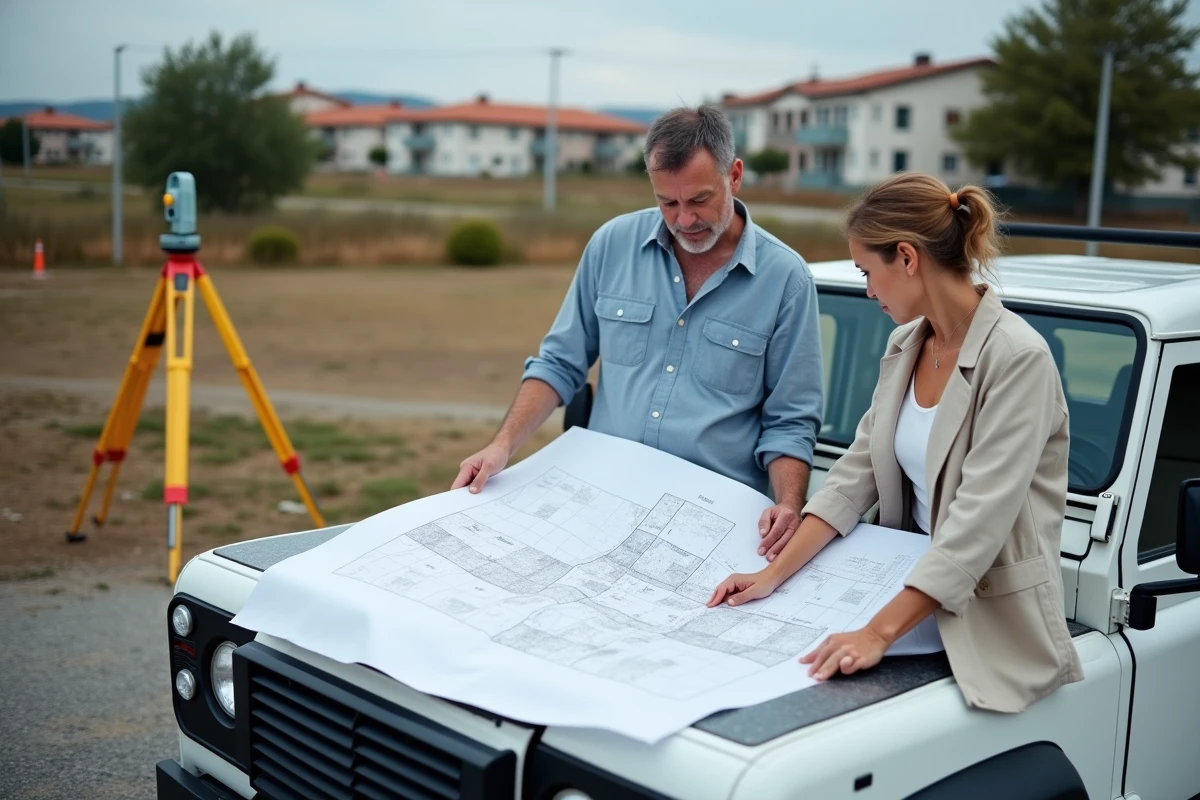Couple de propriétaires consultant un plan cadastral avec des jalons de bornage posés sur leur terrain en zone périurbaine