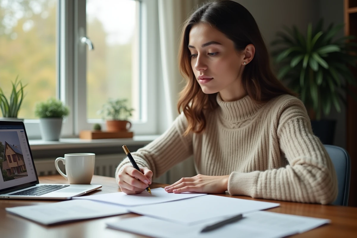Jeune femme rédigeant à la main une lettre d'offre d'achat immobilière avec des formules de politesse soignées
