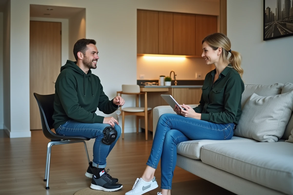 Locataire en situation de handicap recevant les clés d'un appartement adapté auprès d'une agente immobilière