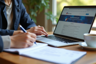 Personne remplissant des documents officiels français sur un bureau