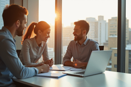 Jeune couple rencontrant un conseiller financier dans un bureau lumineux