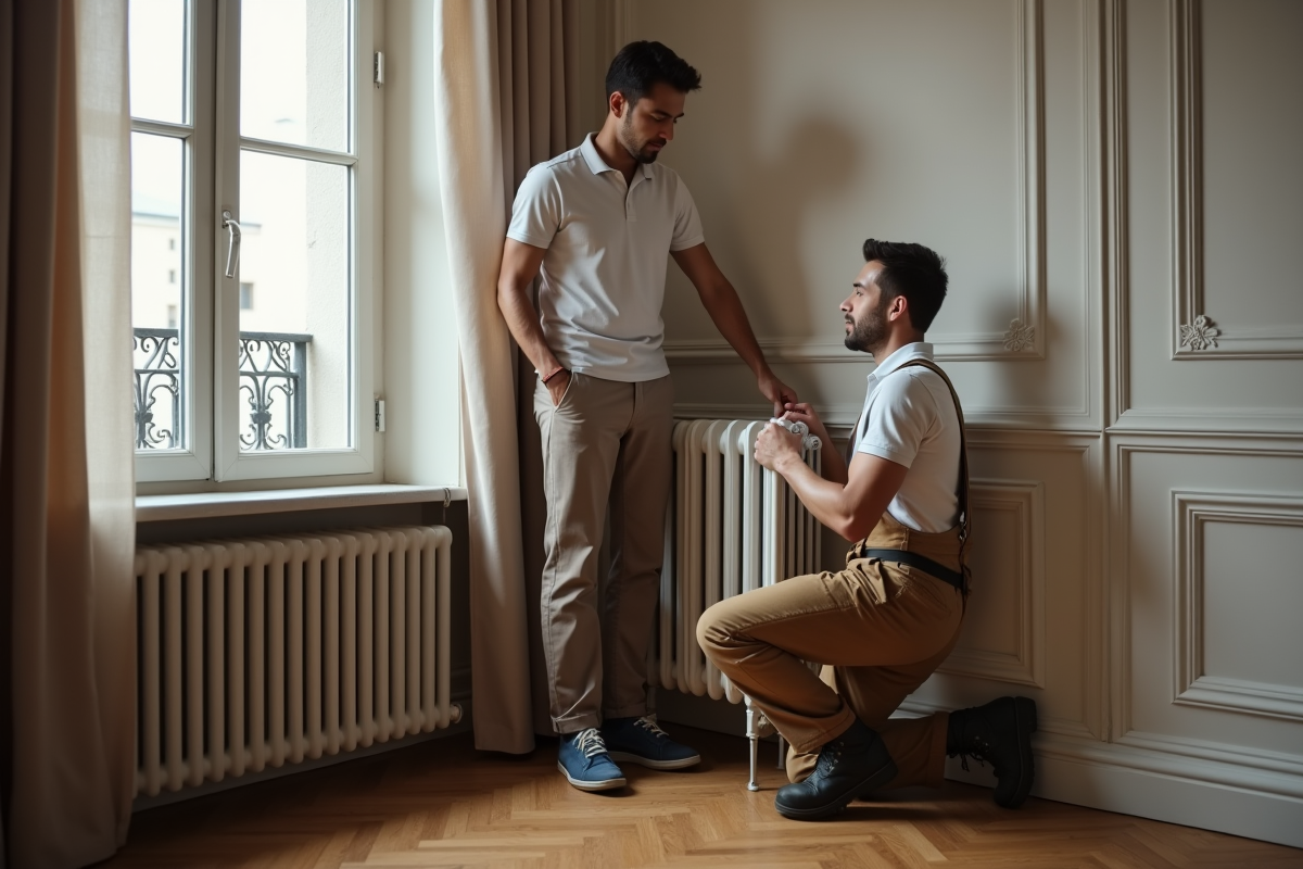 Jeune homme et professionnel réparant un radiateur dans un appartement parisien