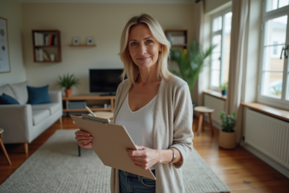 Femme d'âge moyen vérifiant les dégâts d'une fuite d'eau dans son salon