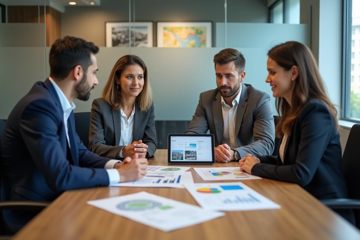 Réunion entre agents immobiliers et vendeurs pour choisir entre portail local et plateforme nationale d'annonces