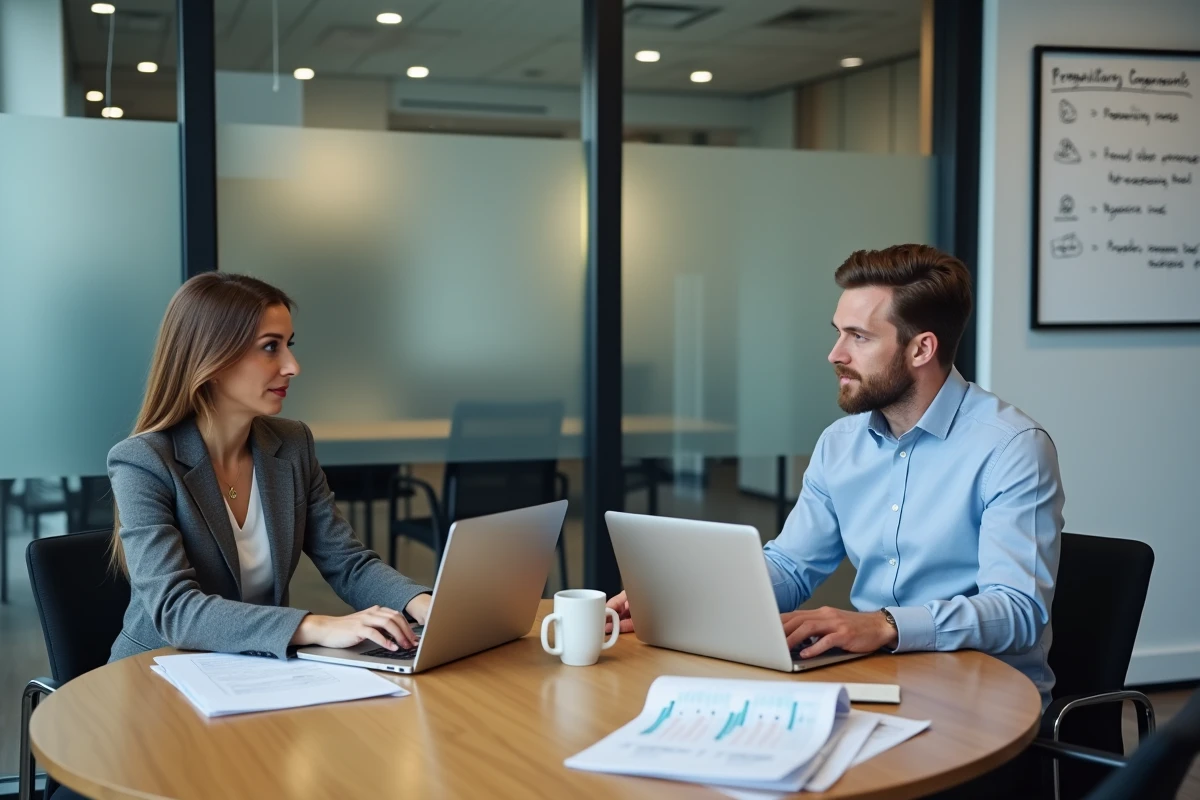 Deux professionnels de l'hôtellerie discutant du choix entre un logiciel de property management et un channel manager classique en réunion