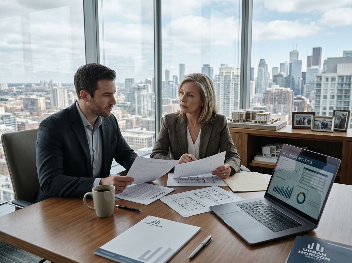 Réunion de professionnels de la gestion immobilière autour de contrats et d'analyses de portefeuille locatif en bureau moderne