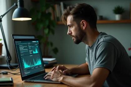 Homme inquiet devant un ordinateur affichant des alertes de sécurité réseau liées à une connexion internet compromise