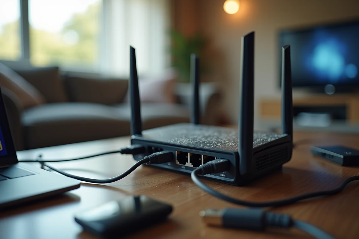 Routeur Wi-Fi domestique avec câbles ethernet connectés, symbolisant les risques de sécurité d'une connexion internet vulnérable