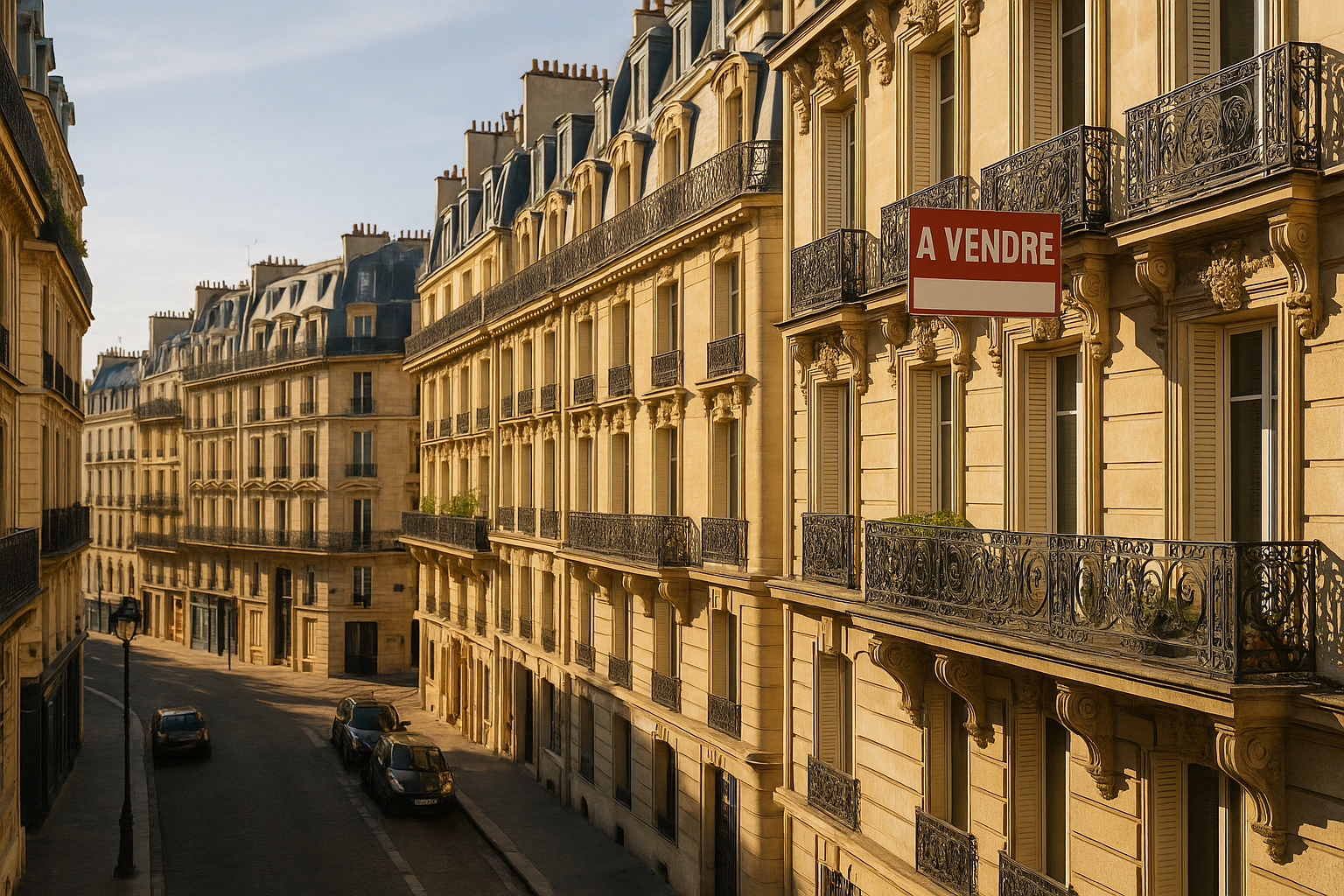 Rue parisienne avec immeubles haussmanniens et panneau a vendre