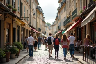 Rue piétonne animée de Romans-sur-Isère avec commerces et passants locaux