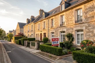 Rue résidentielle française avec une maison à vendre