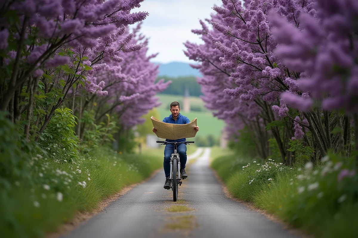 Cycliste consultant une carte dans une ruelle bordée de lilas en direction de l'Impasse des Lilas à Aix-Villemaur-Pâlis