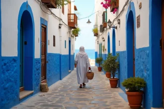 Ruelle typique de la médina d'Essaouira avec maisons blanchies à la chaux et femme en djellaba pour illustrer la location longue durée dans ce quartier