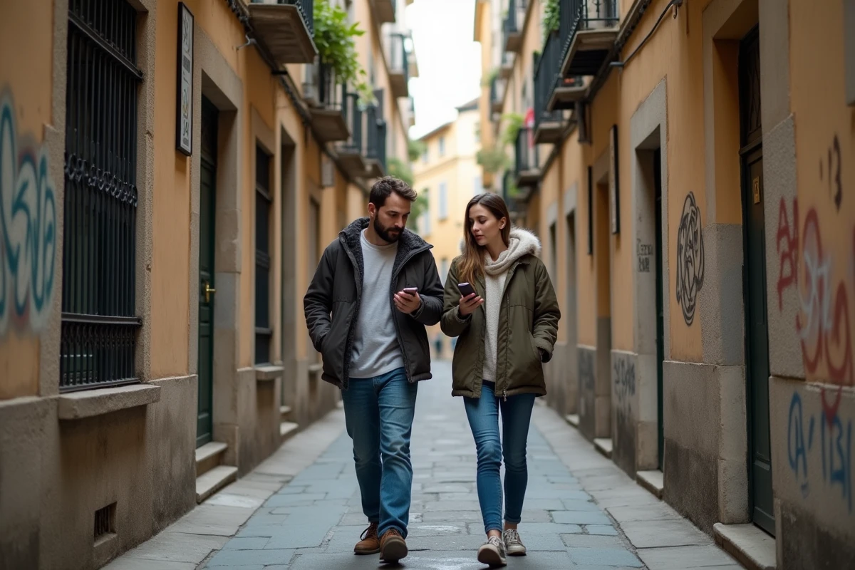 Ruelle étroite du vieux quartier de Romans-sur-Isère avec deux promeneurs attentifs