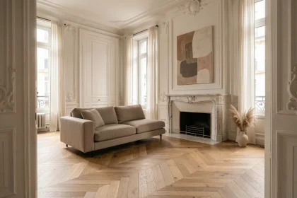Salon haussmannien minimaliste avec parquet en point de Hongrie, moulures en plâtre et canapé en lin épuré