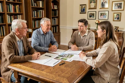 Famille réunie autour d'une table pour discuter d'une SCI familiale et de documents immobiliers dans un salon chaleureux