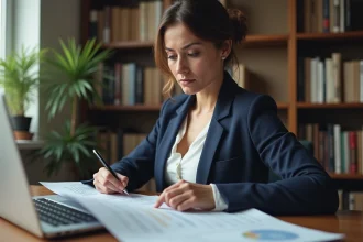 Femme professionnelle consultant un simulateur de frais de notaire sur ordinateur portable avec documents immobiliers sur un bureau en bois
