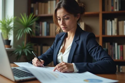 Femme professionnelle consultant un simulateur de frais de notaire sur ordinateur portable avec documents immobiliers sur un bureau en bois