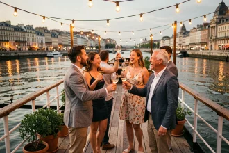 Groupe d'amis en soirée sur le pont d'une péniche amarrée à Lyon au bord du Rhône