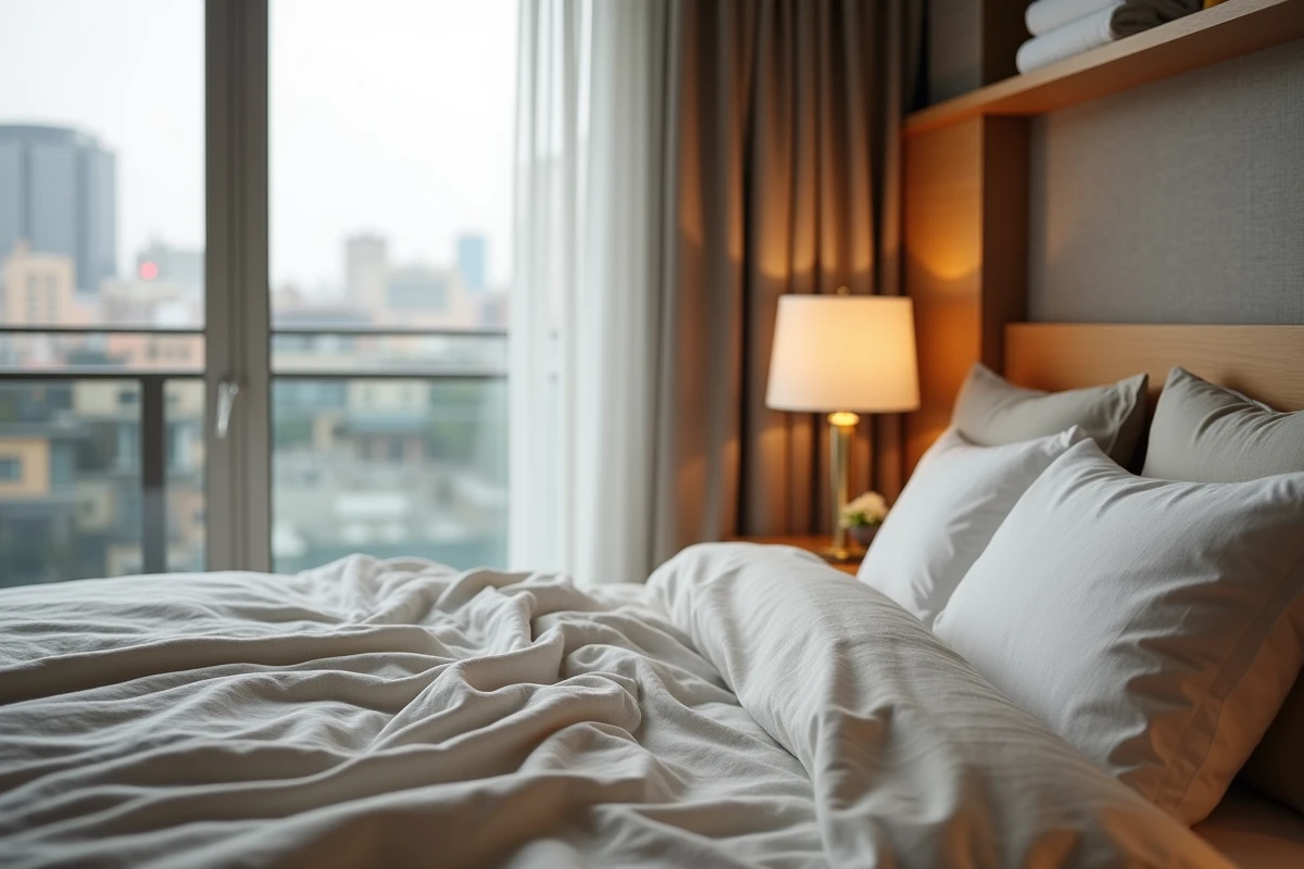 Studio meublé bien aménagé et optimisé pour la location avec literie soignée et décoration neutre