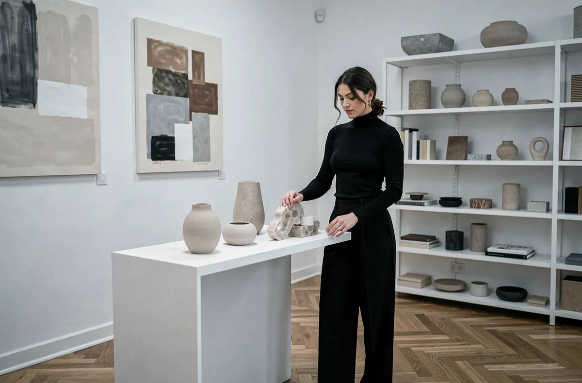 Designer du Studio Ymer&Malta arrangeant des objets sculptés en céramique et résine dans un atelier de design parisien