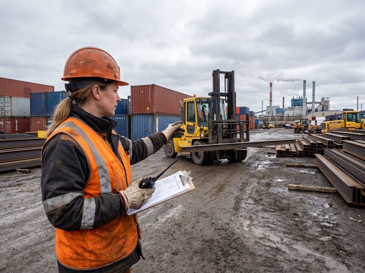 Superviseure logistique avec casque orange sur site industriel